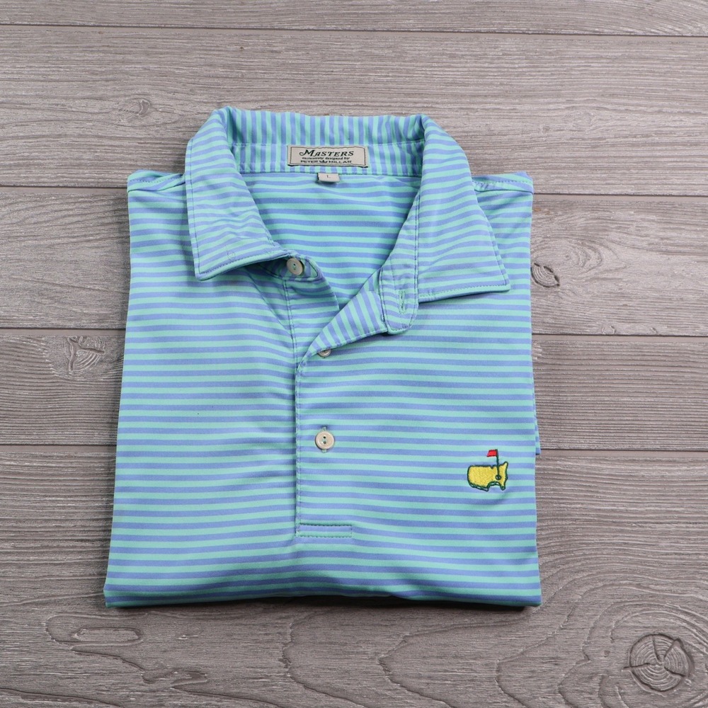 Masters Peter Millar Golf Polo Men's L Blue Green Stripe Augusta National